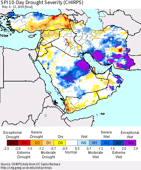 Middle East and Turkey SPI 10-Day Drought Severity (CHIRPS) Thematic Map For 5/6/2019 - 5/15/2019