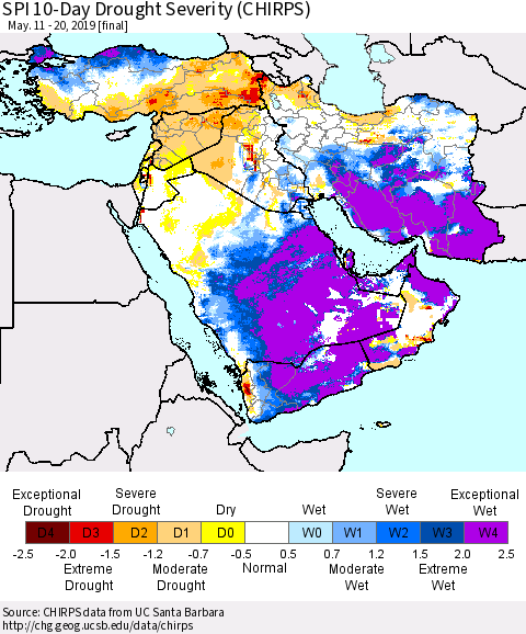 Middle East and Turkey SPI 10-Day Drought Severity (CHIRPS) Thematic Map For 5/11/2019 - 5/20/2019