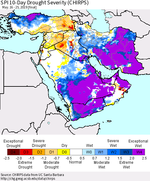 Middle East and Turkey SPI 10-Day Drought Severity (CHIRPS) Thematic Map For 5/16/2019 - 5/25/2019
