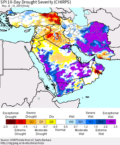 Middle East and Turkey SPI 10-Day Drought Severity (CHIRPS) Thematic Map For 5/21/2019 - 5/31/2019