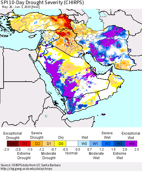 Middle East and Turkey SPI 10-Day Drought Severity (CHIRPS) Thematic Map For 5/26/2019 - 6/5/2019