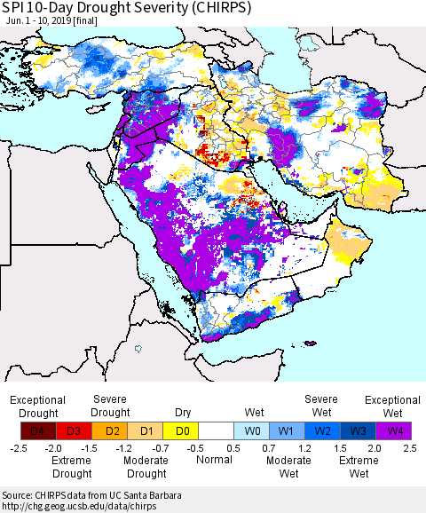 Middle East and Turkey SPI 10-Day Drought Severity (CHIRPS) Thematic Map For 6/1/2019 - 6/10/2019