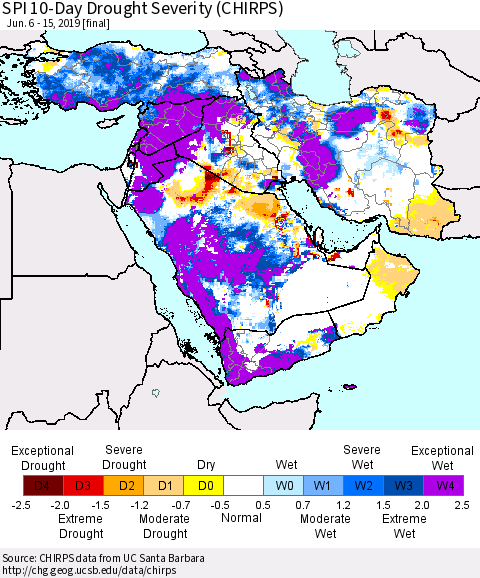 Middle East and Turkey SPI 10-Day Drought Severity (CHIRPS) Thematic Map For 6/6/2019 - 6/15/2019