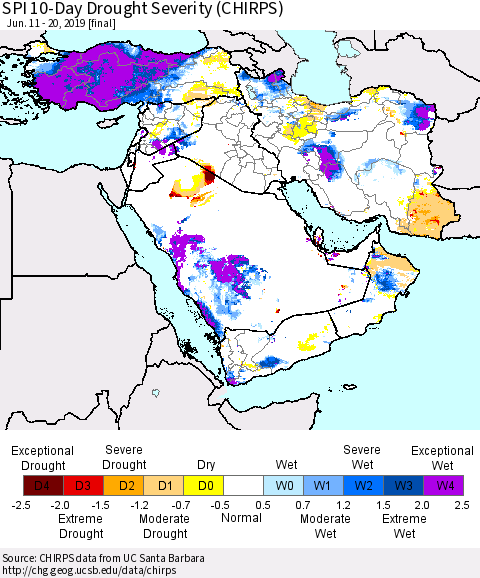 Middle East and Turkey SPI 10-Day Drought Severity (CHIRPS) Thematic Map For 6/11/2019 - 6/20/2019