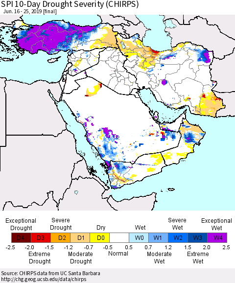 Middle East and Turkey SPI 10-Day Drought Severity (CHIRPS) Thematic Map For 6/16/2019 - 6/25/2019
