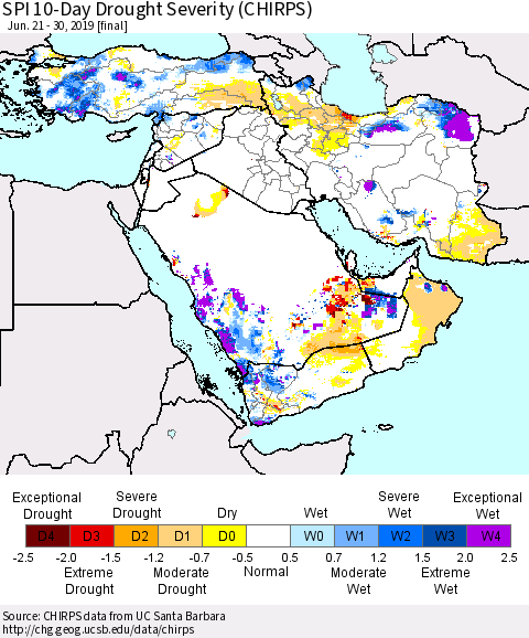 Middle East and Turkey SPI 10-Day Drought Severity (CHIRPS) Thematic Map For 6/21/2019 - 6/30/2019