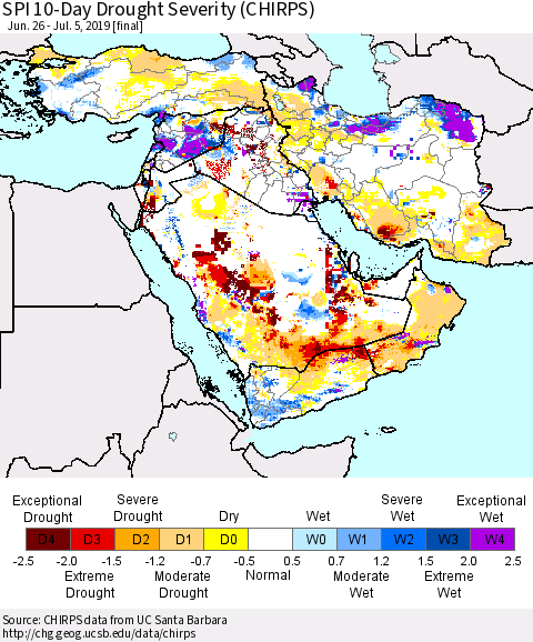 Middle East and Turkey SPI 10-Day Drought Severity (CHIRPS) Thematic Map For 6/26/2019 - 7/5/2019