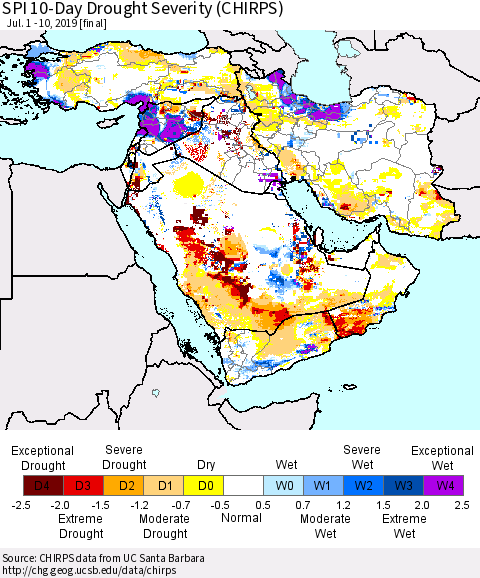 Middle East and Turkey SPI 10-Day Drought Severity (CHIRPS) Thematic Map For 7/1/2019 - 7/10/2019