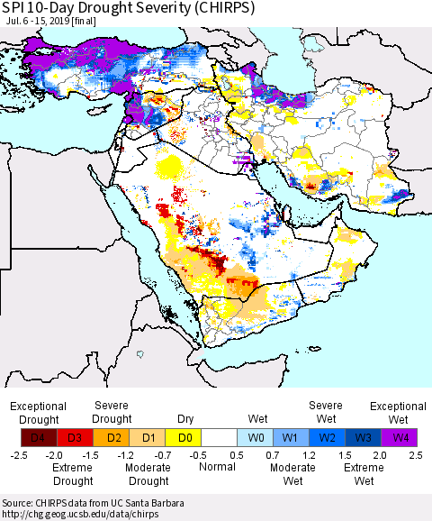 Middle East and Turkey SPI 10-Day Drought Severity (CHIRPS) Thematic Map For 7/6/2019 - 7/15/2019