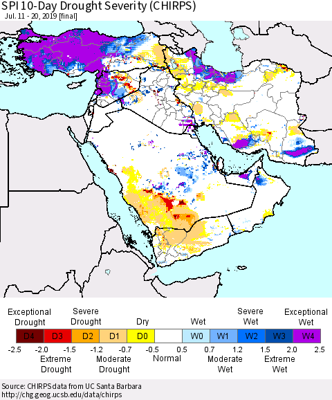 Middle East and Turkey SPI 10-Day Drought Severity (CHIRPS) Thematic Map For 7/11/2019 - 7/20/2019
