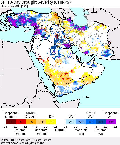 Middle East and Turkey SPI 10-Day Drought Severity (CHIRPS) Thematic Map For 7/16/2019 - 7/25/2019