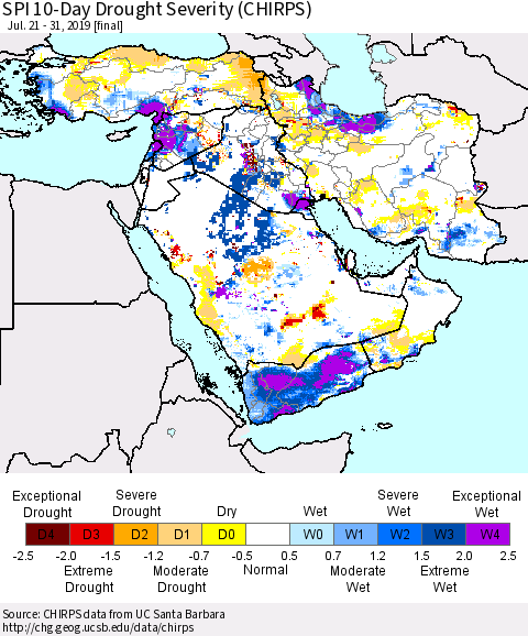 Middle East and Turkey SPI 10-Day Drought Severity (CHIRPS) Thematic Map For 7/21/2019 - 7/31/2019