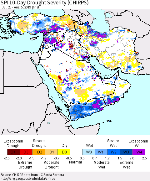 Middle East and Turkey SPI 10-Day Drought Severity (CHIRPS) Thematic Map For 7/26/2019 - 8/5/2019