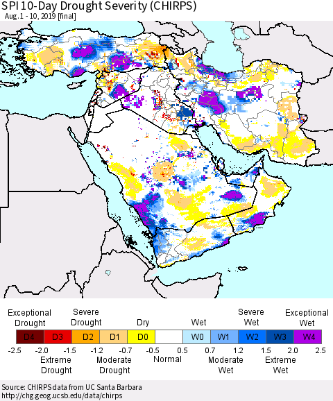 Middle East and Turkey SPI 10-Day Drought Severity (CHIRPS) Thematic Map For 8/1/2019 - 8/10/2019