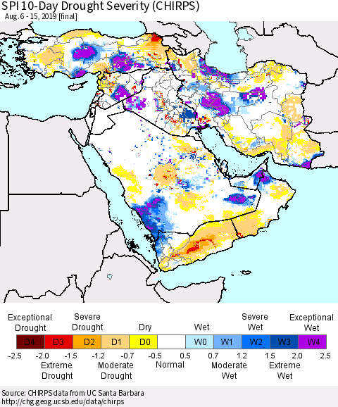 Middle East and Turkey SPI 10-Day Drought Severity (CHIRPS) Thematic Map For 8/6/2019 - 8/15/2019