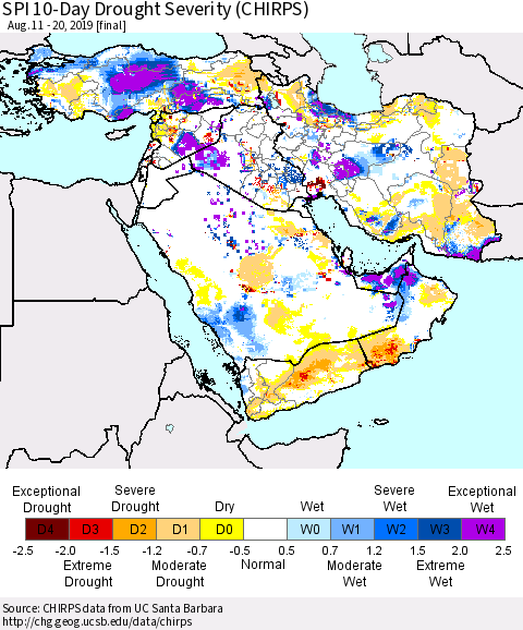 Middle East and Turkey SPI 10-Day Drought Severity (CHIRPS) Thematic Map For 8/11/2019 - 8/20/2019