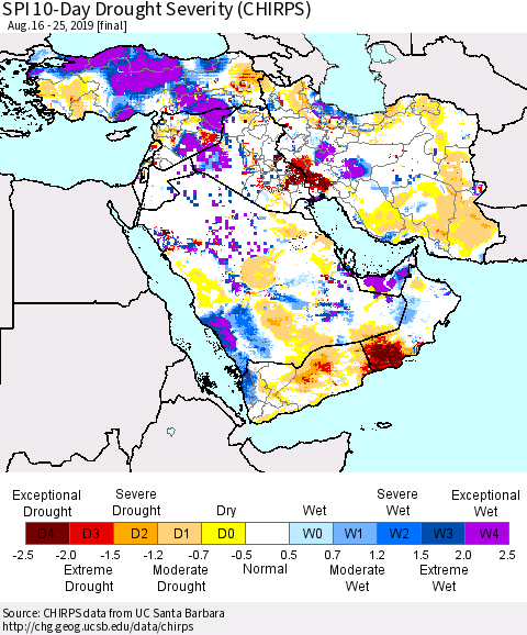 Middle East and Turkey SPI 10-Day Drought Severity (CHIRPS) Thematic Map For 8/16/2019 - 8/25/2019