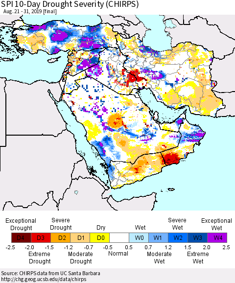Middle East and Turkey SPI 10-Day Drought Severity (CHIRPS) Thematic Map For 8/21/2019 - 8/31/2019