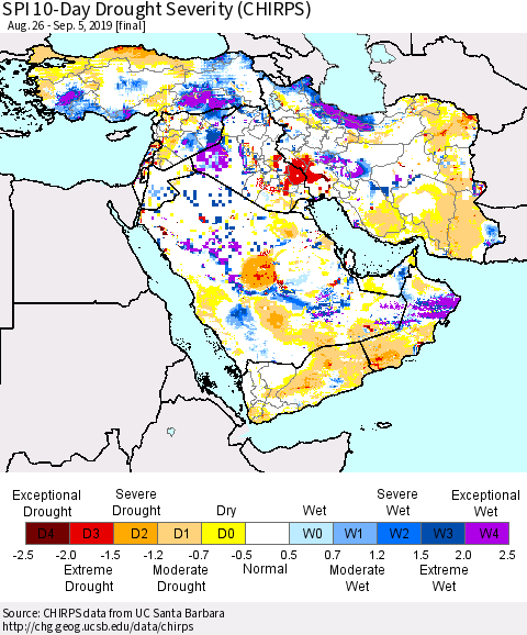 Middle East and Turkey SPI 10-Day Drought Severity (CHIRPS) Thematic Map For 8/26/2019 - 9/5/2019