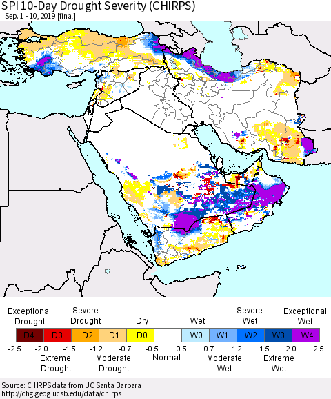 Middle East and Turkey SPI 10-Day Drought Severity (CHIRPS) Thematic Map For 9/1/2019 - 9/10/2019