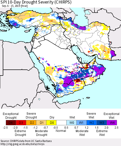 Middle East and Turkey SPI 10-Day Drought Severity (CHIRPS) Thematic Map For 9/6/2019 - 9/15/2019