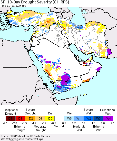 Middle East and Turkey SPI 10-Day Drought Severity (CHIRPS) Thematic Map For 9/11/2019 - 9/20/2019