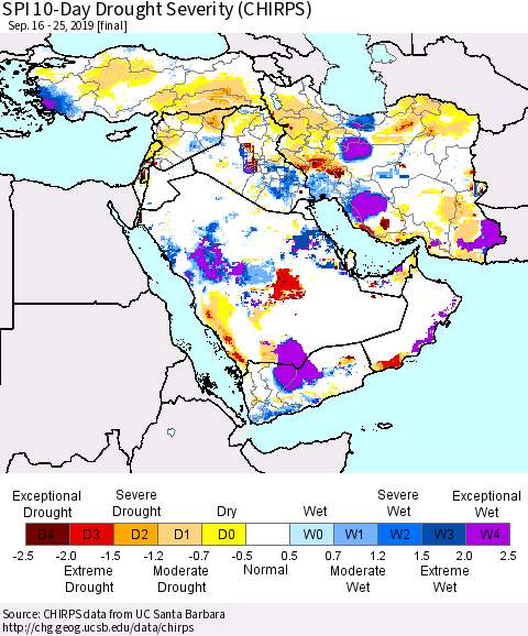 Middle East and Turkey SPI 10-Day Drought Severity (CHIRPS) Thematic Map For 9/16/2019 - 9/25/2019