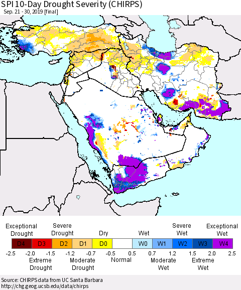 Middle East and Turkey SPI 10-Day Drought Severity (CHIRPS) Thematic Map For 9/21/2019 - 9/30/2019