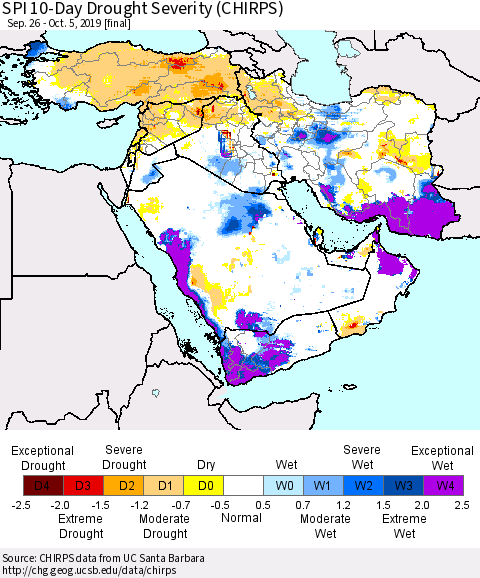 Middle East and Turkey SPI 10-Day Drought Severity (CHIRPS) Thematic Map For 9/26/2019 - 10/5/2019