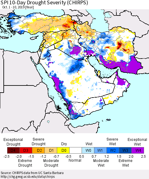 Middle East and Turkey SPI 10-Day Drought Severity (CHIRPS) Thematic Map For 10/1/2019 - 10/10/2019