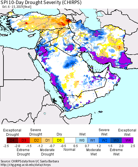 Middle East and Turkey SPI 10-Day Drought Severity (CHIRPS) Thematic Map For 10/6/2019 - 10/15/2019
