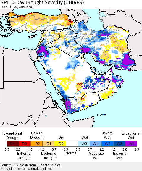 Middle East and Turkey SPI 10-Day Drought Severity (CHIRPS) Thematic Map For 10/11/2019 - 10/20/2019