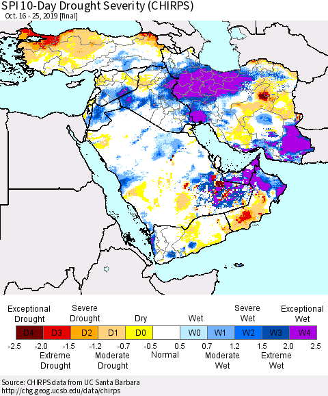 Middle East and Turkey SPI 10-Day Drought Severity (CHIRPS) Thematic Map For 10/16/2019 - 10/25/2019