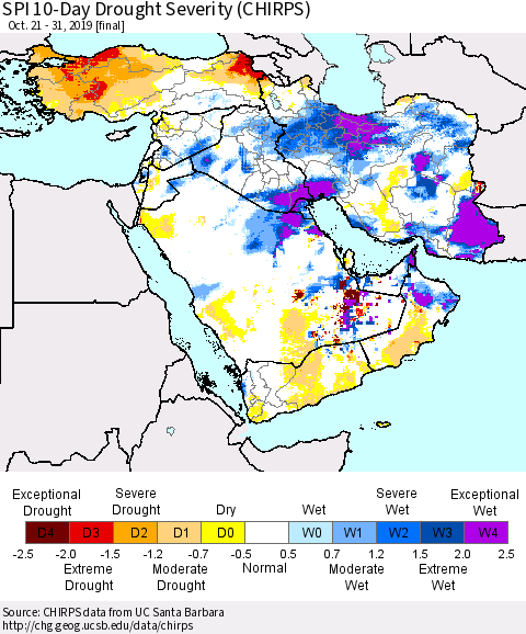 Middle East and Turkey SPI 10-Day Drought Severity (CHIRPS) Thematic Map For 10/21/2019 - 10/31/2019