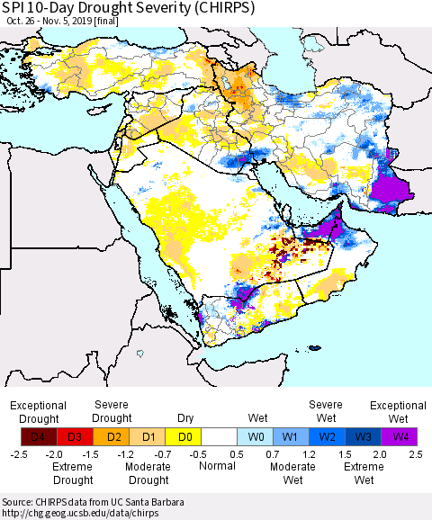 Middle East and Turkey SPI 10-Day Drought Severity (CHIRPS) Thematic Map For 10/26/2019 - 11/5/2019