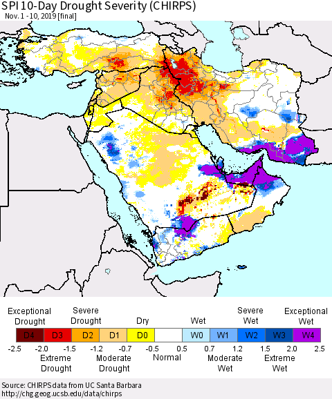 Middle East and Turkey SPI 10-Day Drought Severity (CHIRPS) Thematic Map For 11/1/2019 - 11/10/2019