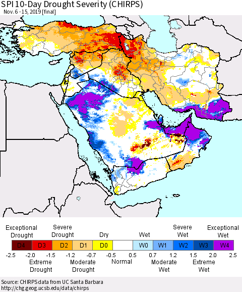 Middle East and Turkey SPI 10-Day Drought Severity (CHIRPS) Thematic Map For 11/6/2019 - 11/15/2019