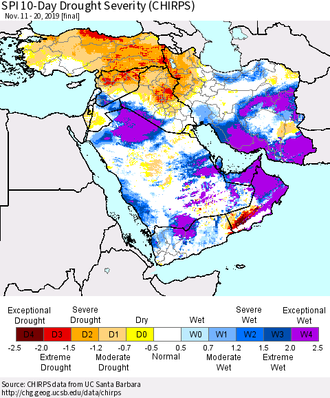 Middle East and Turkey SPI 10-Day Drought Severity (CHIRPS) Thematic Map For 11/11/2019 - 11/20/2019