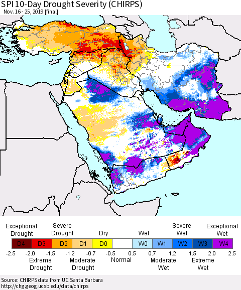 Middle East and Turkey SPI 10-Day Drought Severity (CHIRPS) Thematic Map For 11/16/2019 - 11/25/2019