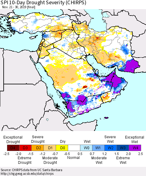 Middle East and Turkey SPI 10-Day Drought Severity (CHIRPS) Thematic Map For 11/21/2019 - 11/30/2019