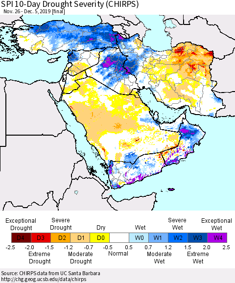 Middle East and Turkey SPI 10-Day Drought Severity (CHIRPS) Thematic Map For 11/26/2019 - 12/5/2019