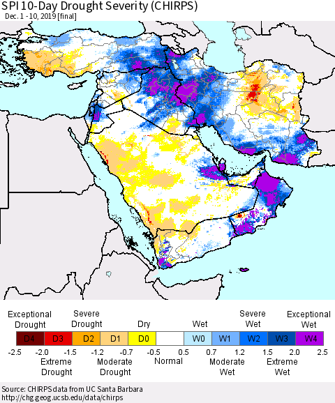 Middle East and Turkey SPI 10-Day Drought Severity (CHIRPS) Thematic Map For 12/1/2019 - 12/10/2019
