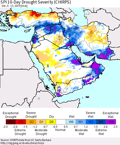 Middle East and Turkey SPI 10-Day Drought Severity (CHIRPS) Thematic Map For 12/6/2019 - 12/15/2019