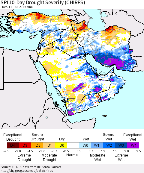 Middle East and Turkey SPI 10-Day Drought Severity (CHIRPS) Thematic Map For 12/11/2019 - 12/20/2019