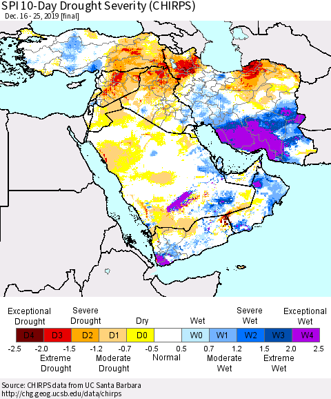 Middle East and Turkey SPI 10-Day Drought Severity (CHIRPS) Thematic Map For 12/16/2019 - 12/25/2019