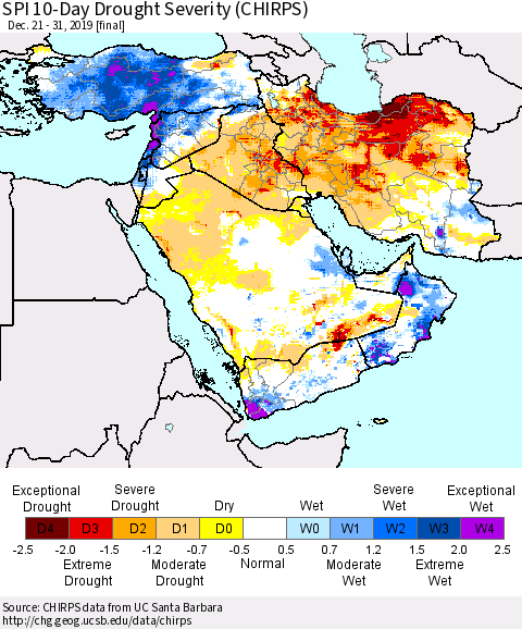 Middle East and Turkey SPI 10-Day Drought Severity (CHIRPS) Thematic Map For 12/21/2019 - 12/31/2019