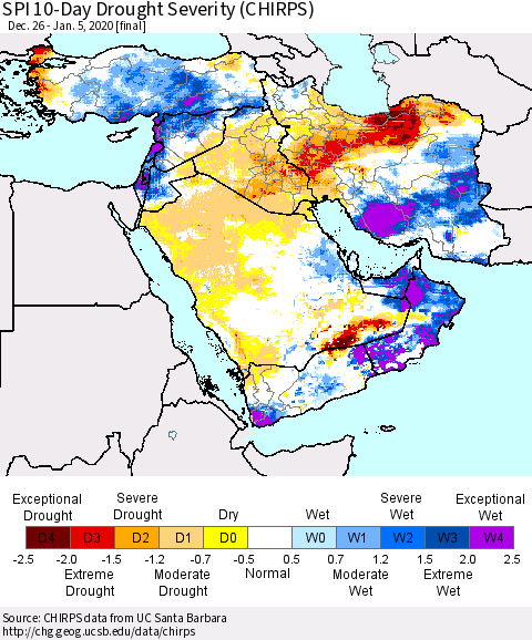 Middle East and Turkey SPI 10-Day Drought Severity (CHIRPS) Thematic Map For 12/26/2019 - 1/5/2020