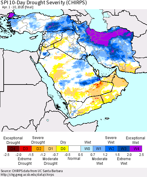 Middle East and Turkey SPI 10-Day Drought Severity (CHIRPS) Thematic Map For 4/1/2020 - 4/10/2020