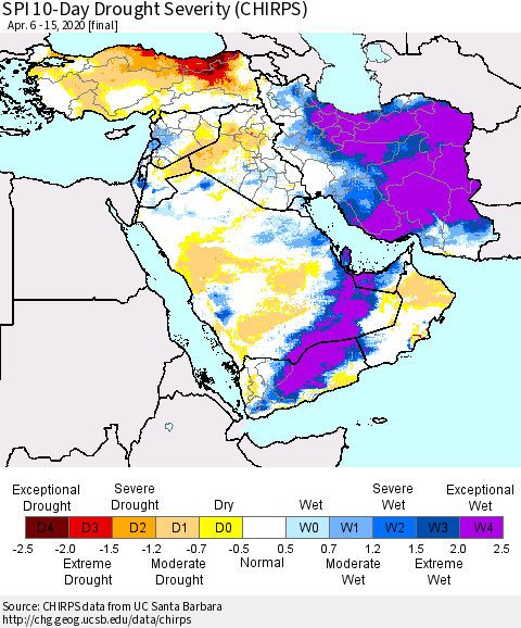 Middle East and Turkey SPI 10-Day Drought Severity (CHIRPS) Thematic Map For 4/6/2020 - 4/15/2020