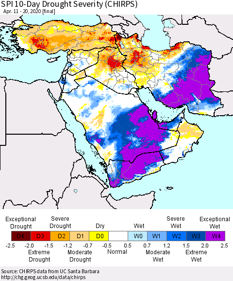 Middle East and Turkey SPI 10-Day Drought Severity (CHIRPS) Thematic Map For 4/11/2020 - 4/20/2020
